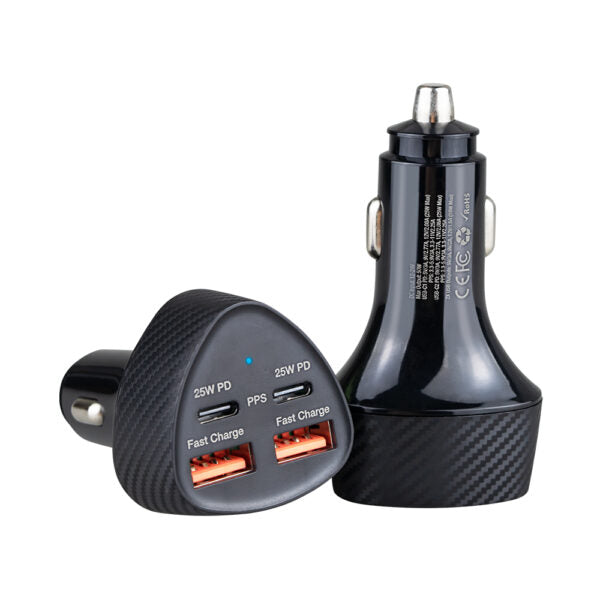 Getrics Auto Ladegerät 50W – 2× USB-C PD + 2× USB-A QC 3.0 | 4-in-1 KFZ Schnellladegerät für iPhone, Samsung, Tablet, Laptop – 12V/24V