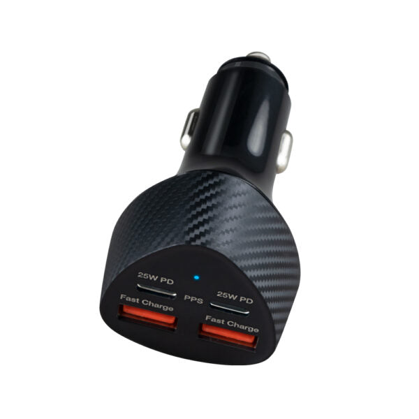 Getrics Auto Ladegerät 50W – 2× USB-C PD + 2× USB-A QC 3.0 | 4-in-1 KFZ Schnellladegerät für iPhone, Samsung, Tablet, Laptop – 12V/24V