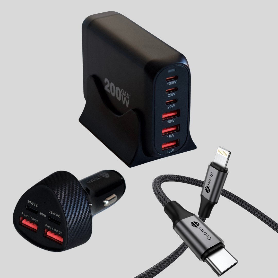 Getrics 3er Bundle – GaN³ Ladegerät 200W + Auto-Ladegerät 50W + USB-Kabelset